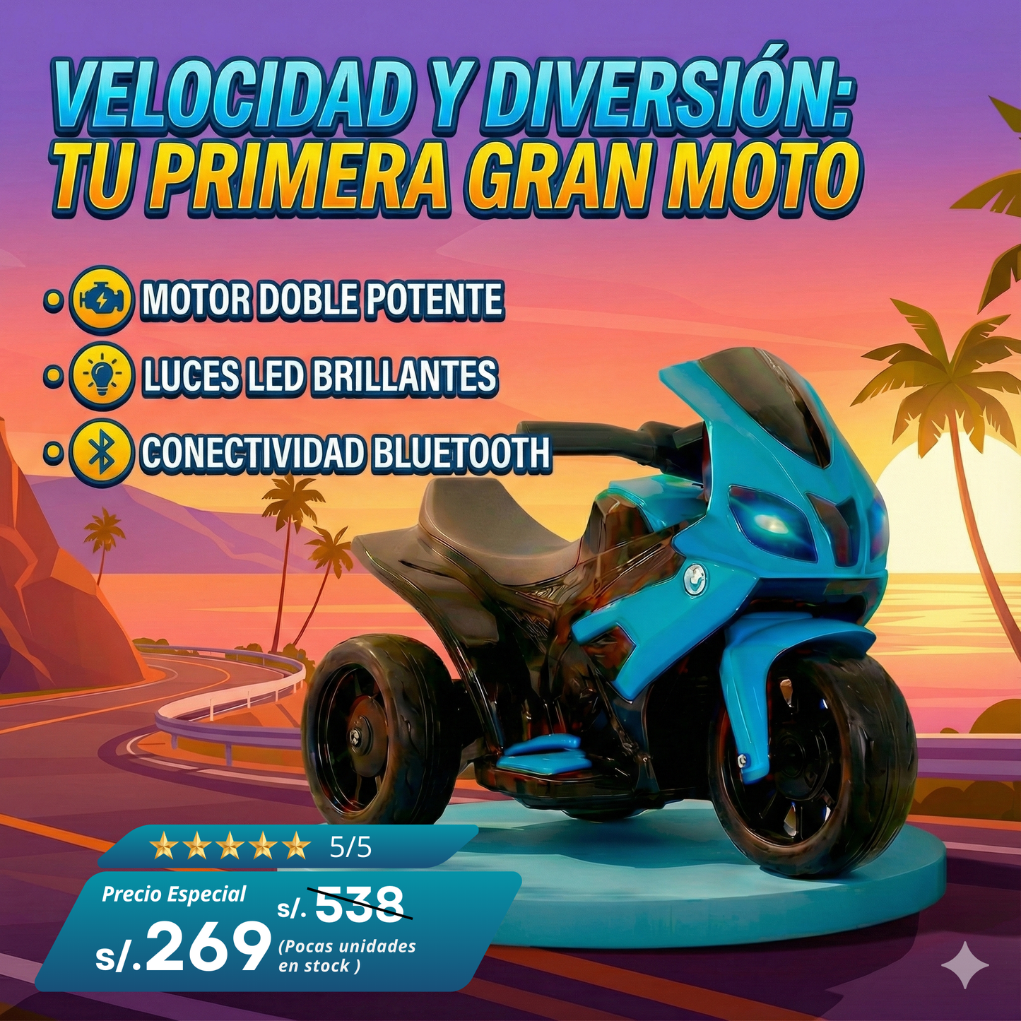 Moto Eléctrica Sport para Niños – Diseño Futurista y Luces LED