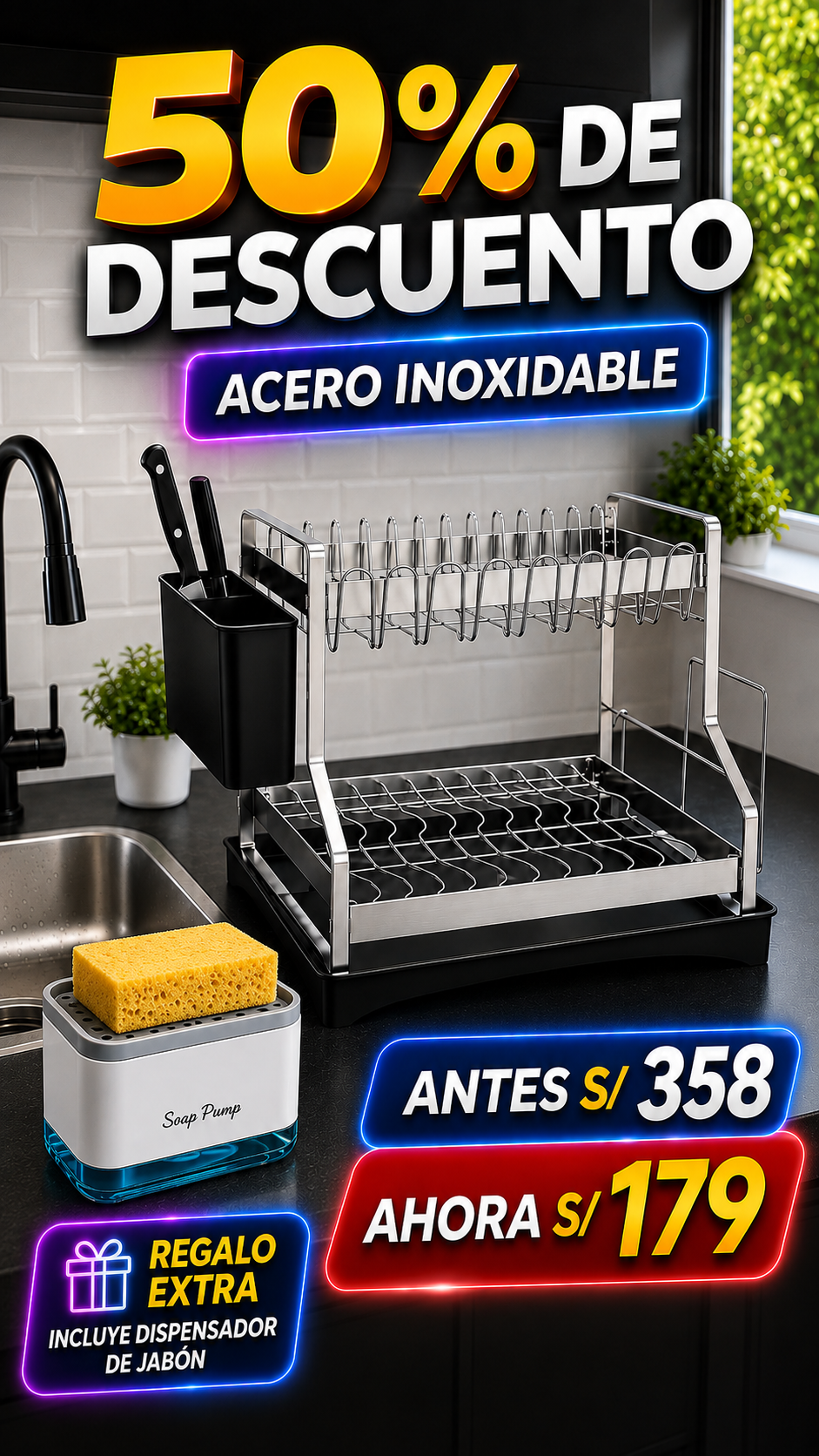Organizador de acero inoxidable con sistema de drenaje directo al fregadero.