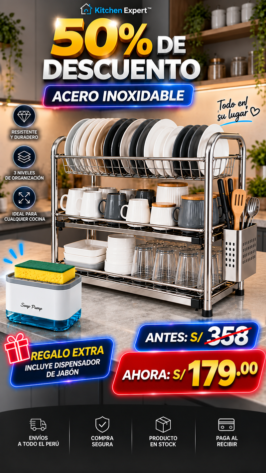 Organizador de acero inoxidable de 3 niveles con bandejas recolectoras antigoteo.