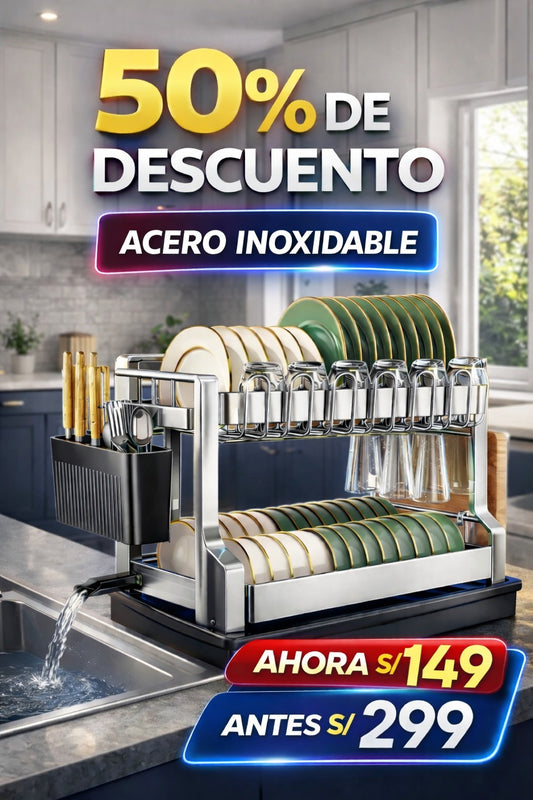 Organizador de acero inoxidable con sistema de drenaje directo al fregadero.
