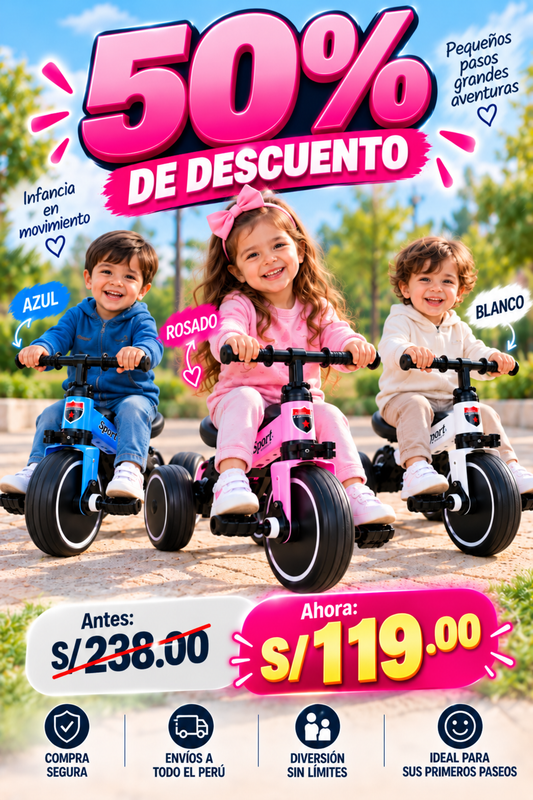 Triciclo infantil plegable de pedales, estilo deportivo